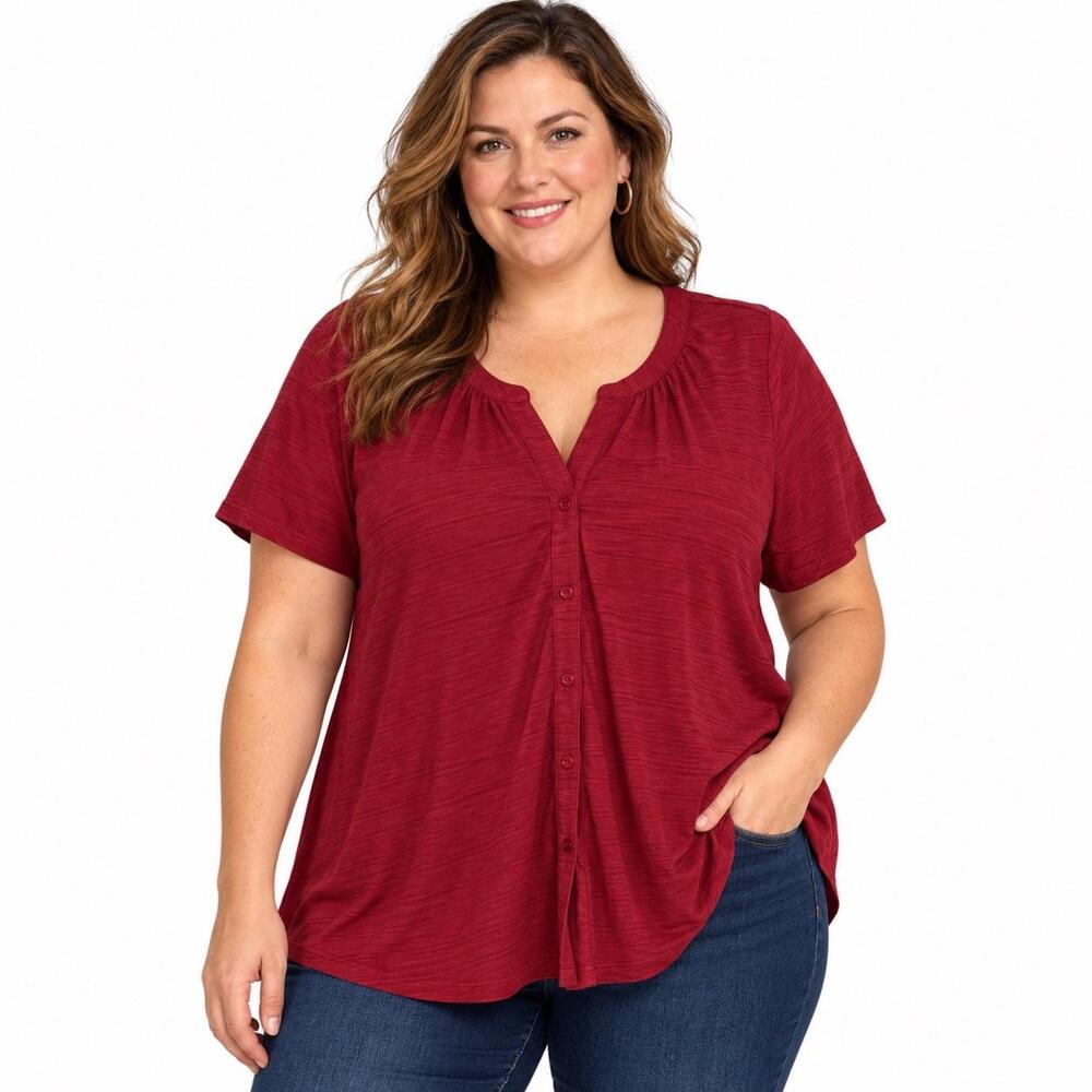 Lane Bryant Tunic Shirt Womens 18 Red Henley Button Front Short Sleeve Top